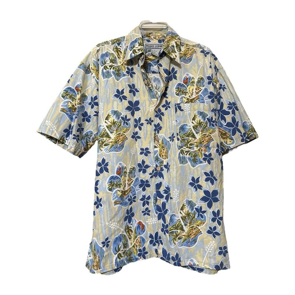 Pacific Scene Hawaiian Shirt XL Blue Floral Palm Trees Cotton Made South Africa
